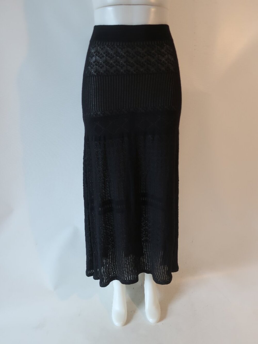 NWT Women Chloe Black (Item-702) Wool Cashmere Silk Blend Pointelle Maxi Skirt M